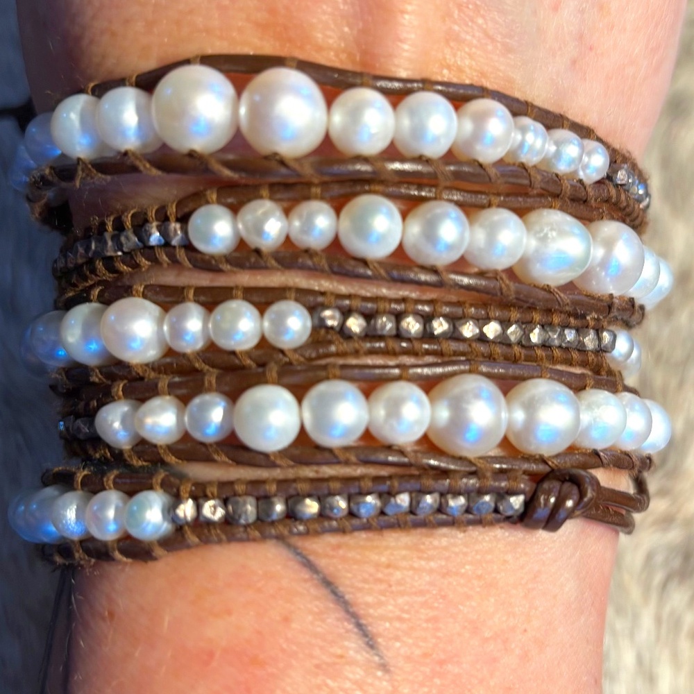 Chan Luu Wrap Bracelet White Natural Pearl and silver beads & brown leather